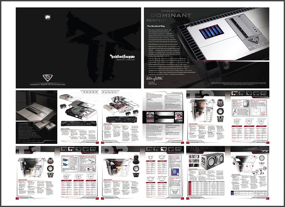 Rockford Fosgate catalog spreads on black