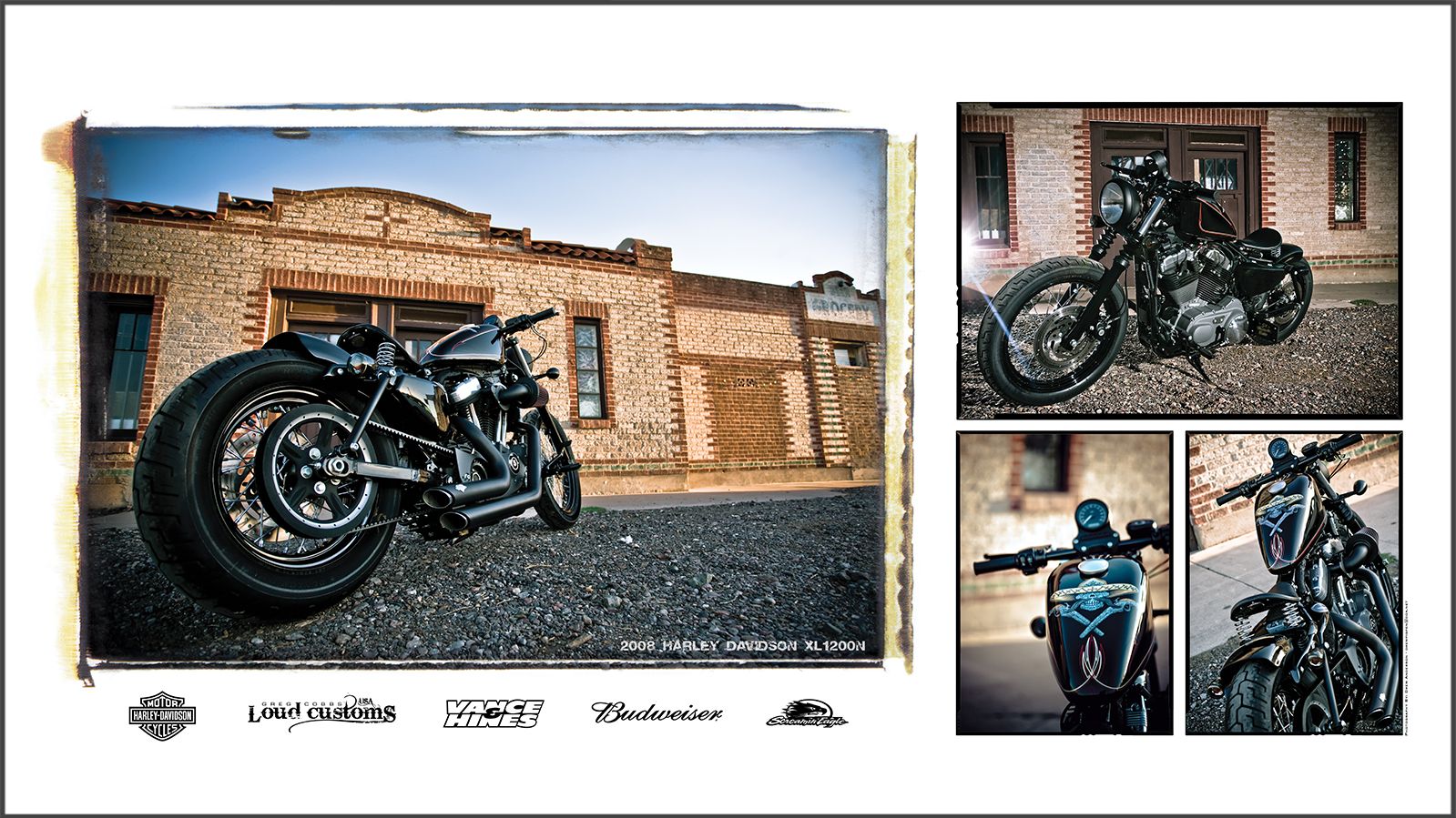 Custom motorcycle photographed outside a brick building