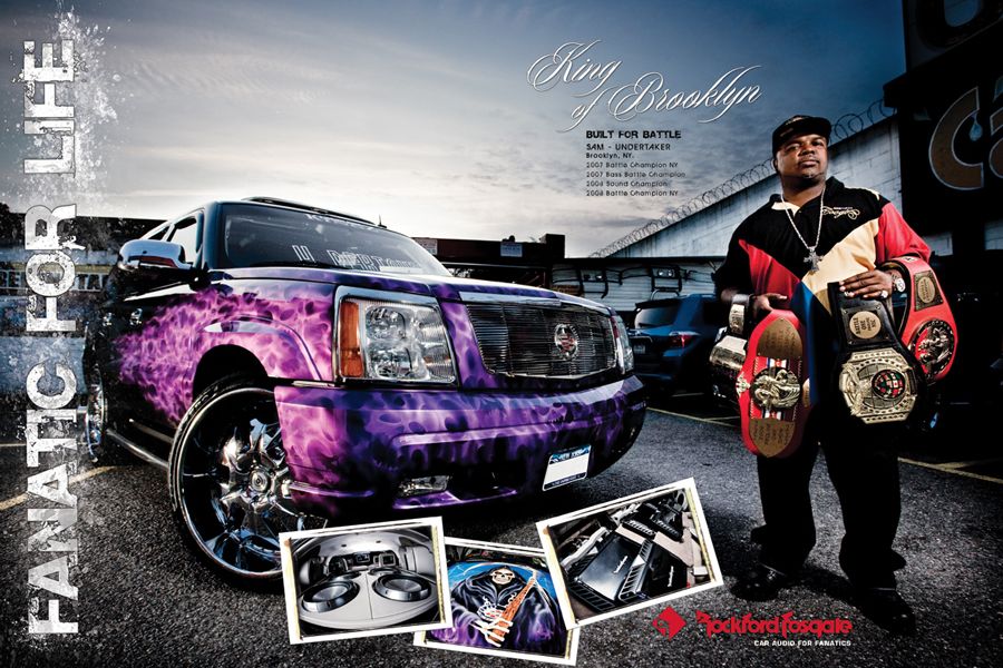Fanatic for Life campaign spread with a custom show truck for Rockford Fosgate
