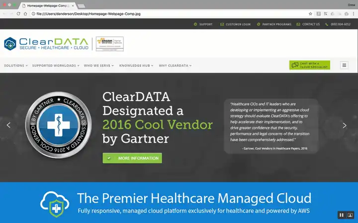 ClearDATA homepage announcing the Gartner Cool Vendor designation, animated